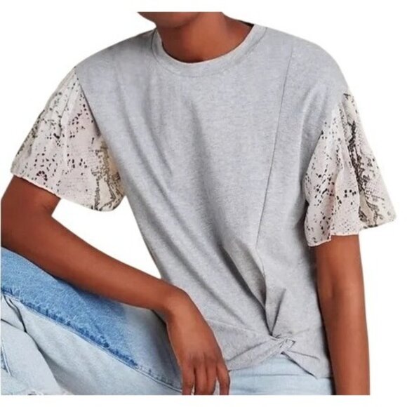 Current Air Anthropologie Top Size Small Basille Print Sleeve Grey Twist‎ Front - Picture 1 of 10